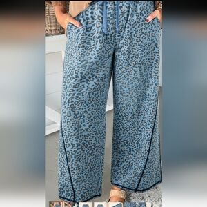Blue Leopard Print Exposed Seam Detail Wide Leg Drawstring Jeans